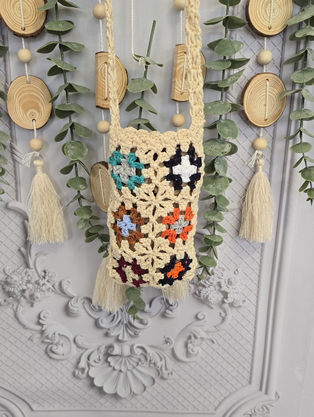 Cream Multicolor Crochet Granny Square Crossbody Bag Phone Holder